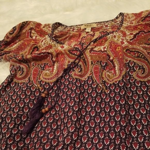 Vintage America Boho Short Sleeve Wood Bead Tassel Paisley Print Purple Size Sm - Picture 5 of 9